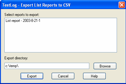 Export test list report dialog